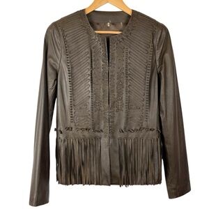Elie Tahari Brown Genuine Leather Embellished w/ Tassels Blazer Jacket Sz. Small
